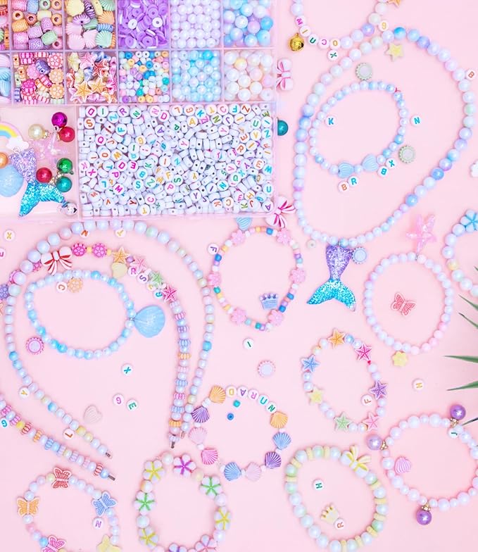 Danrun Bracelet Making Kit for Little Girls, Arts and Crafts for Kids Ages 6-8 for Making Jewelry, Mermaid Birthday Gifts for Girls Ages 5 7 9 10 11 12 - Cute Beads for Kids Toy Jewelry (Pink)