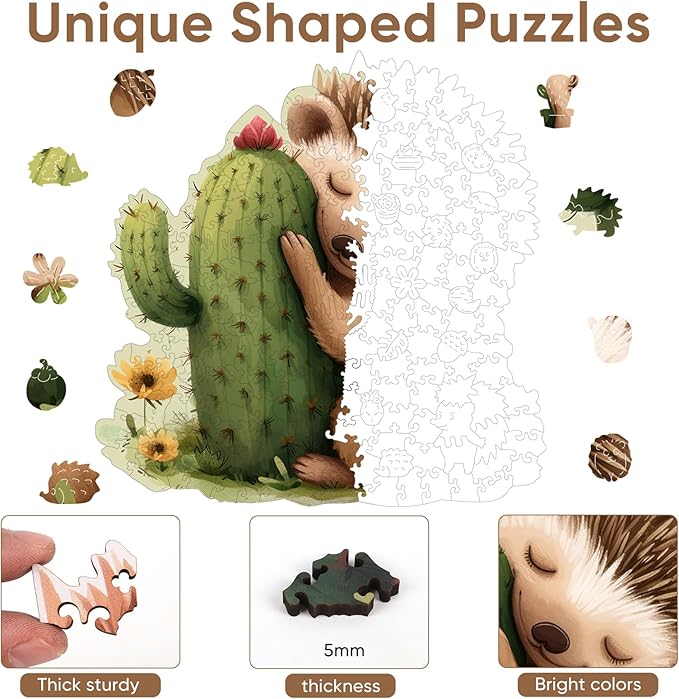 Ruikiyart Wooden Puzzles for Adults，5MM 500 Pieces Hedgehog Cactus Wooden Jigsaw Puzzles, Unique Shapes Succulent Puzzle Gift for Kids and Adults on Birthday,Thanksgiving,Christmas (16.7"x16.9")