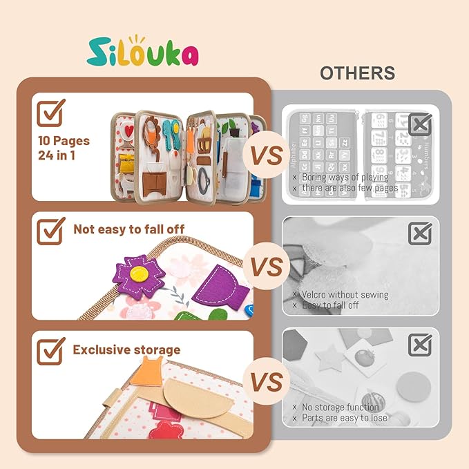 Montessori Busy Book for Toddlers 1-3, Felt Quiet Book & Busy Board for Preschool Learning, Fine Motor Skills, Sensory Play, Educational Travel Toy & Gift – Pretend Play for Girls, Brown