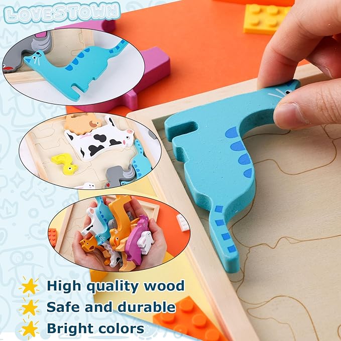 LovesTown Wooden Stacking Puzzles for Kids, Farm Animal Chunky Jigsaw, Educational Learning Toy, 12 PCS