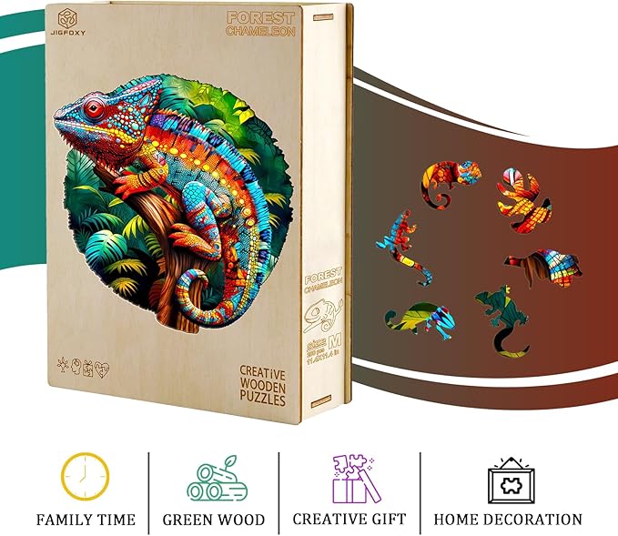 Jigfoxy Wooden Puzzles for Adults, Chameleon Wood Puzzles Adult, Unique Animal Shape Wooden Jigsaw Puzzles for Adults, Birthday Gifts for Puzzle Lovers, Family, Friend (L-13.6 * 13.5in-300pcs)