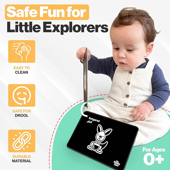 Happy Start High Contrast Baby Cards for Newborns - Black & White Cards, Water-Resistant, BPA-Free, Portable Educational Flashcards for Visual Stimulation, Award-Winning, Ages 0+ (English & Arabic)