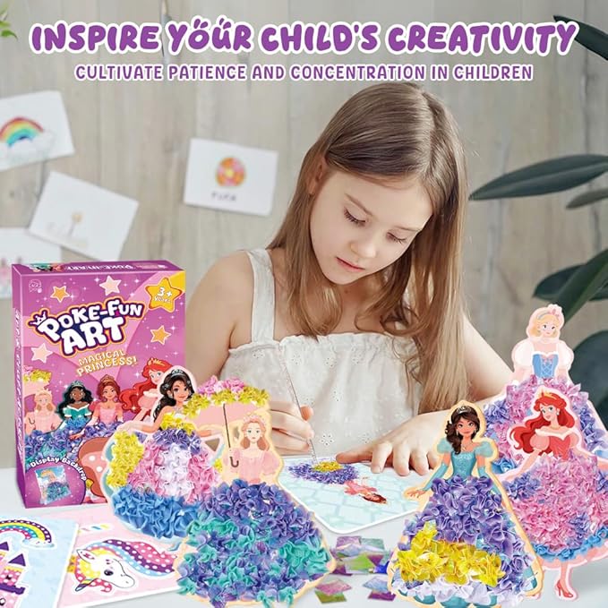 RAJRNED Poke in Fun Magical Princesses Kit, Arts and Crafts for Girls with 8 Magical Princesses & 9 Accessories, Mess-Free Fun for Kids, DIY Craft Kits, Gifts for Girls & Boys Ages 3-12