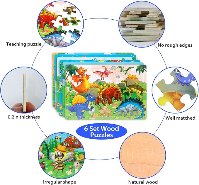 Wooden Jigsaw Puzzles for Kids Ages 3-5 Year Old, 6 Pack 30 Pieces Kids Puzzles Colorful Preschool Educational Learning Toys Present Set for Toddler Children Boys and Girls