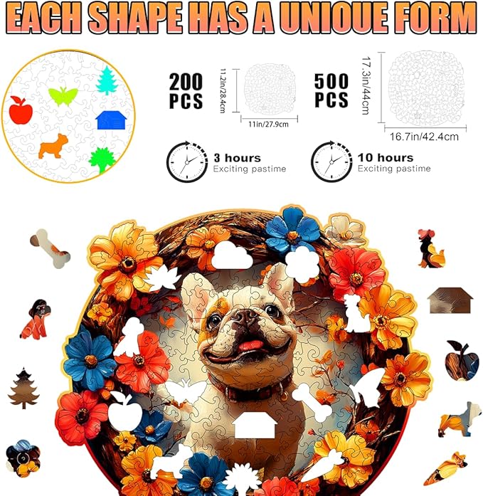 Wooden Jigsaw Puzzle, 200-500 Pieces Unique Shape Animal Puzzle, for Adults & Kids, Birthday Gift Family Game, Decorative Puzzle, Unique Gift (Blooming Bulldog, 200 PCS)