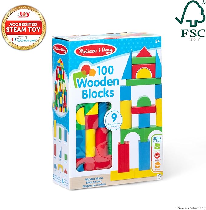 Melissa & Doug Wooden Building Blocks, 100-Piece Set of Sorting & Stacking Toys in 4 Colors and 9 Shapes, Classic Toddler Toys for Girls & Boys Ages 2+ - FSC Certified