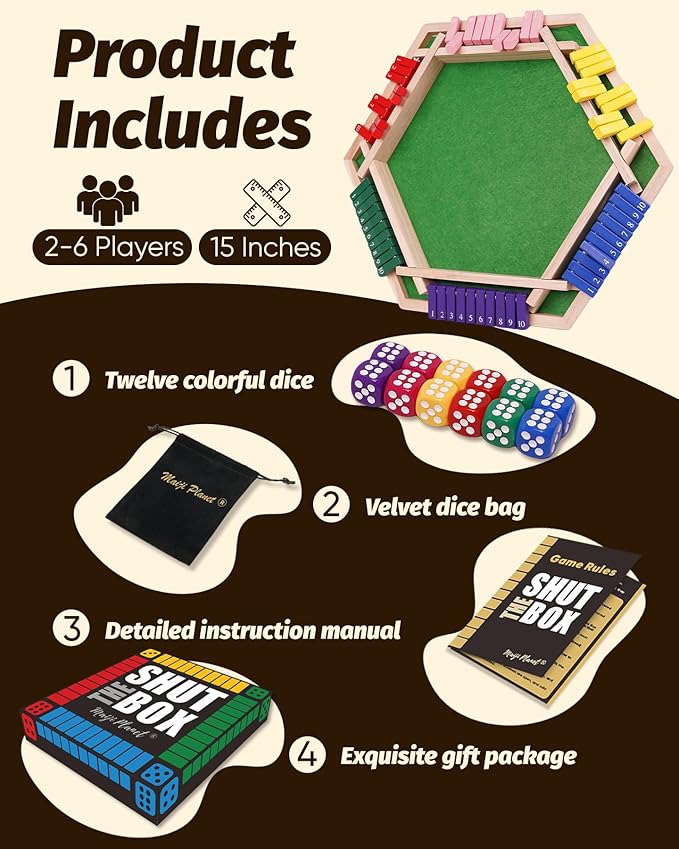 Original Classic 2-6 Player Shut The Box Game, Math Dice Board Game for Family Night Classroom Travel, Wooden Classic Table for Group Kid Adult Senior Travel Party Bar Easy Quick and Fun
