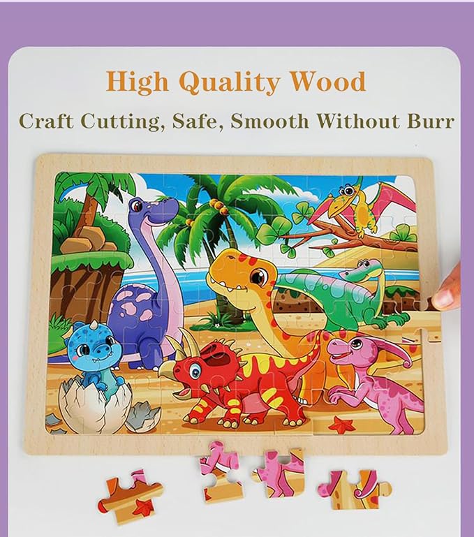 Wooden Puzzles Dinosaur Toys for Kids Ages 3-5, Set of 4 Packs with 60-Piece Wood Jigsaw Puzzles, Preschool Educational Brain Teaser Boards for Boys