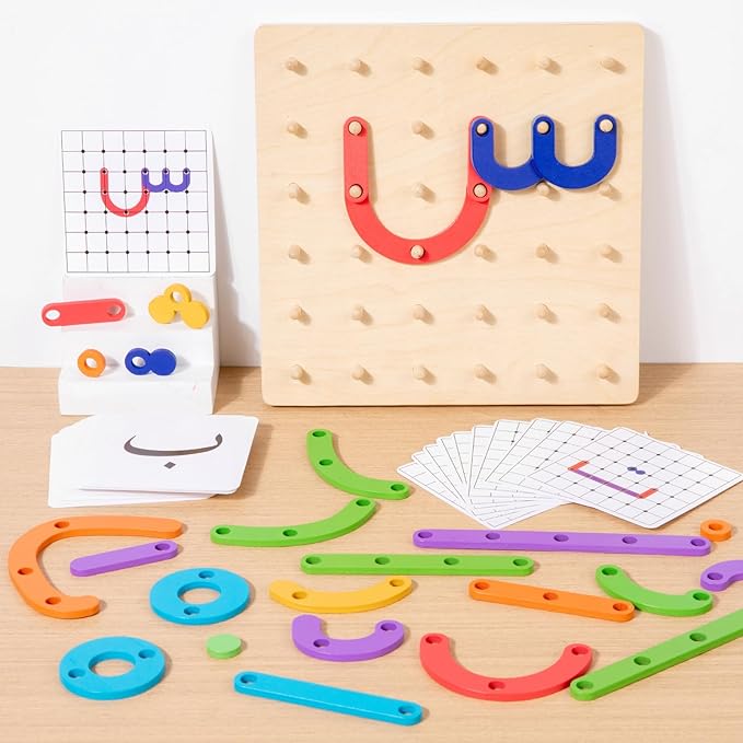 Wooden Arabic Letters Construction Pegboard, Educational Toy for Alphabet and Number Early Learning,Fine Motor Skill Exercise