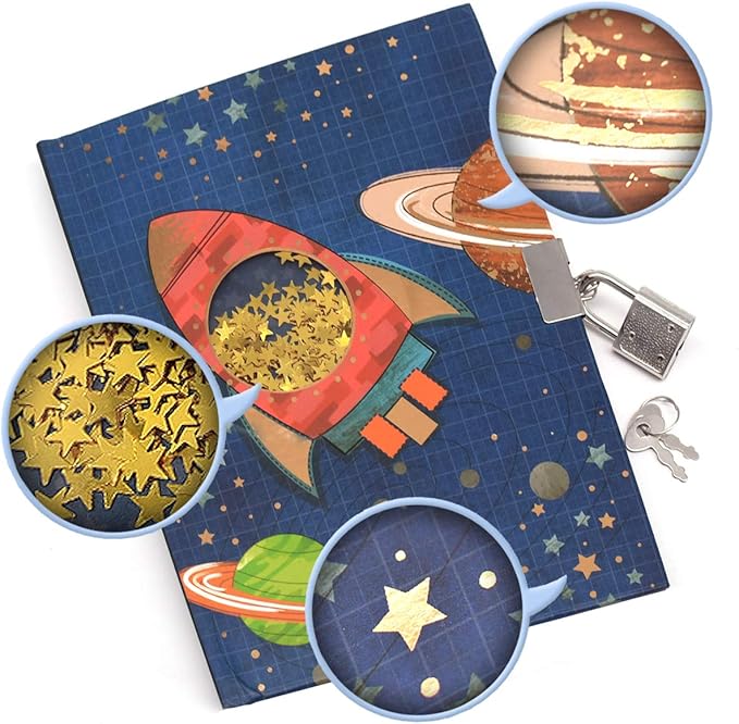 GINMLYDA Boys Diary with Lock for Kids, Spacecraft Diaries 7.1x5.3 inches 160 Pages Cute Boy Journal Secret Notebook with Lock and Key for Little Kid Writing Drawing Gift for Pre school Age 6,8,12