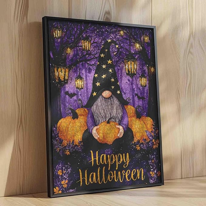 Cute Gnome Puzzle for Adults 1000 Pieces Halloween Pumpkin in Purple Forest Lantern Jigsaw Puzzle Fall Aesthetic Fun Gift for Women Men Teens Relaxing Halloween Challenging Puzzles Games Night