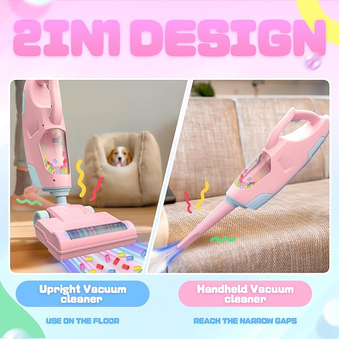 SMILESSKIDDO Kids Vacuum That Really Works - Toddler Toy Vacuum with 2 Nozzles & 5 Cleaning Set Accessories, Sound and Ball Popping Action, Pretend Play Housekeeping Toys Gifts for Girls & Boys