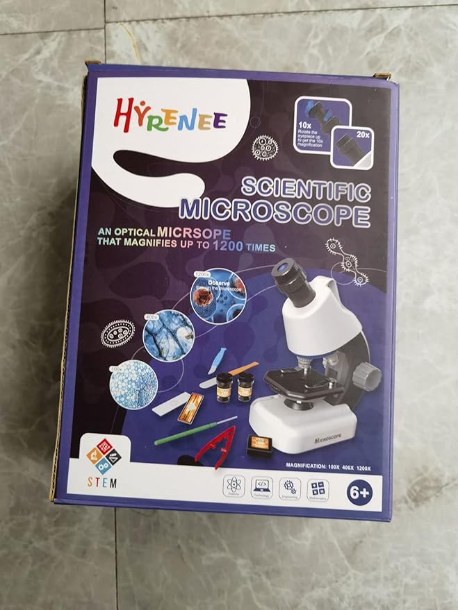 Kids Microscope - Up to 40-1200x Zoom, STEM Kit with LED Light & Prepared Slides