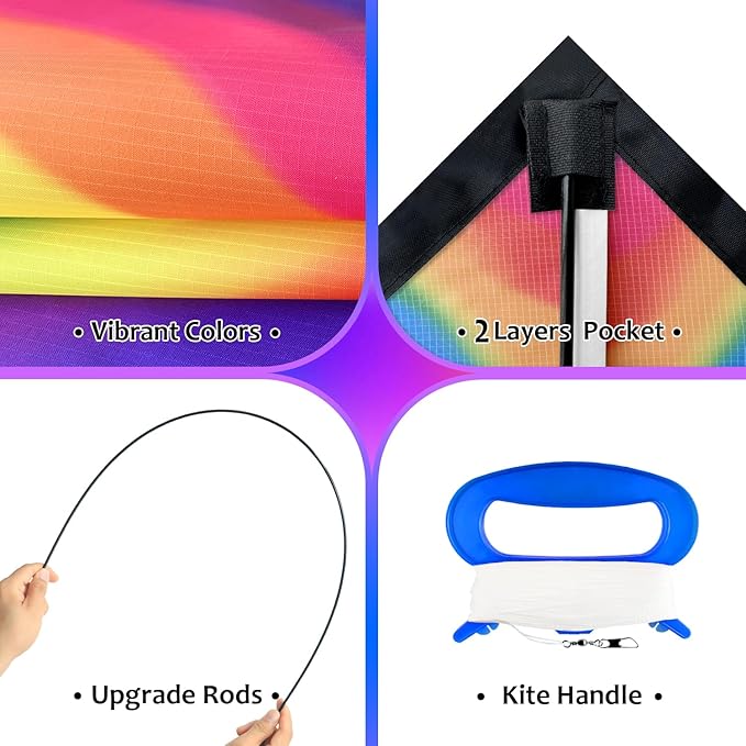 HONBO Large Delta Kite for Kids & Adults,Extremely Easy to Fly Kite for Beach Trip,String Line Included,with Colorful Tail,Perfect for Beginners