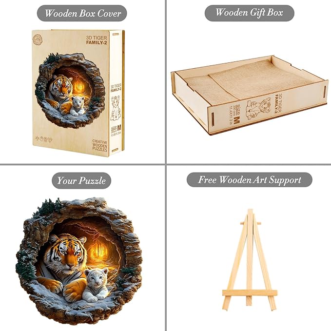 Wooden Puzzle 3D Visual Effect Lion Unique Shape Advanced Wood Puzzle for Adults,Holiday Birthday Gift,Craft kit (Tiger Family, Medium)