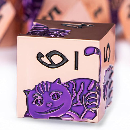 Metal DND Cat Dice 7PCS Polyhedral RPG Dice Set with Gift Case for Dungeons Dragons Role Playing Game, D and D Dice D6 D8 D10 D12 D20 D% (Copper Purple)