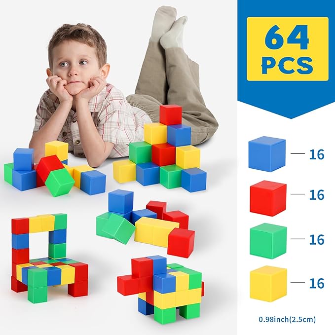 VGY 64 PCS Magnetic Blocks for Kids, Learning Magnet Cubes Building Toys for Toddlers, STEM Educational Sensory Montessori Square Toy for Boys and Girls