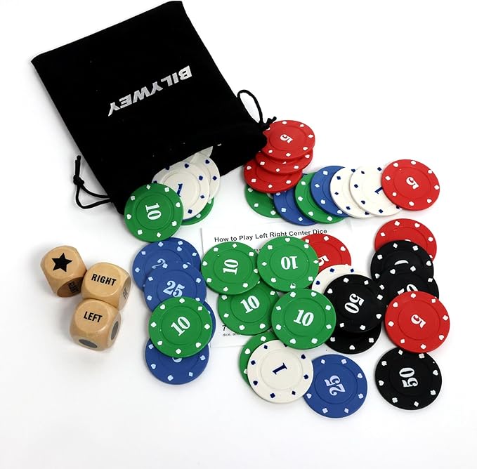 Left Right Center Dice Game Set with 3Pcs 1Inch Wood Dices + 50pcs Colorful Poker Chips (Wood Set)