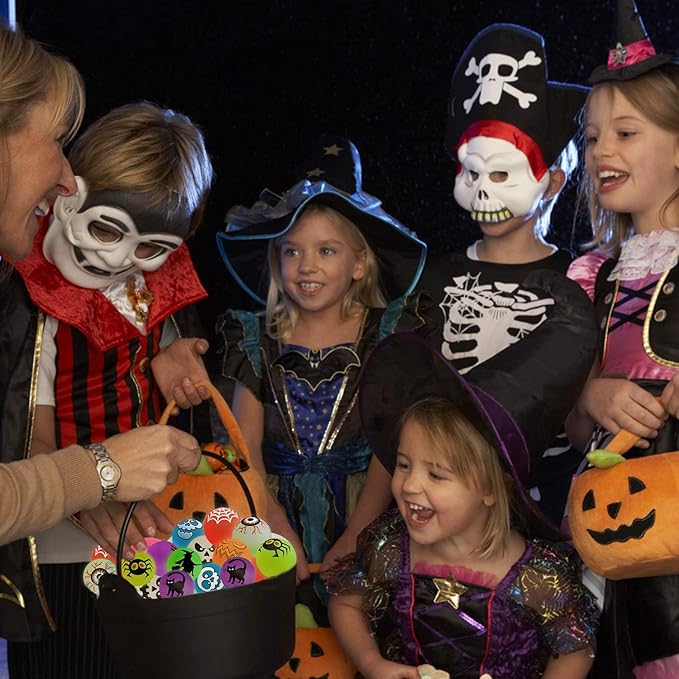 40 Glow in The Dark Bouncing Balls, 8 Halloween Theme Designs, Party Favor Supplies, Trick or Treating Goodie Bag Filler, School Classroom Game Rewards, Miniatures (with Pouch Bag)