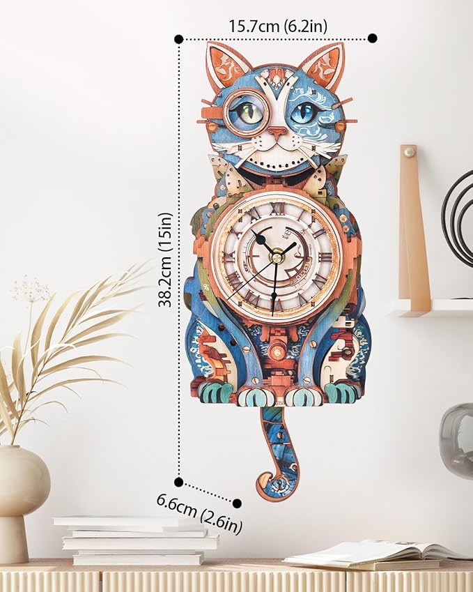 3D Wooden Puzzles for Adults, Detective Cat Clock with Pendulum Model Kit, 3D Puzzles for Adults Room Home Decor DIY Wall Clock Kit, Holiday Birthday for Men Women Teens