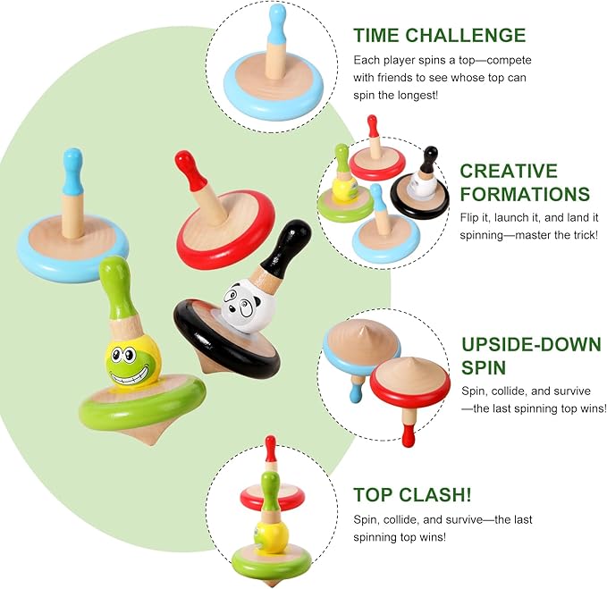 WODI 4PCS Wooden Spinning Tops - Adorable Animal Gyroscope Toys for Toddlers, Safe & Fun Montessori Educational Gift, Fidget Spinner for Kids/Toddlers (#1)
