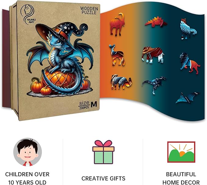 Dragon Wooden Puzzles for Adults,Pumpkin Witch Jigsaw Puzzles 200 Piece,Thanksgiving Birthday Gifts Family Game,Unique Shape Puzzle Challenge 11 x 11 Inch
