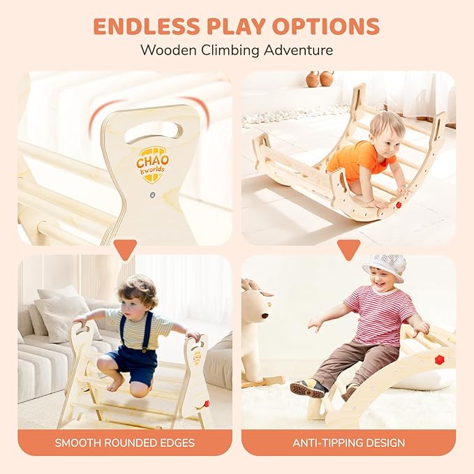 Pikler Triangle Set 7-in-1 Foldable Montessori Wooden Climbing Toys for Toddlers 1-5 Years Indoor Jungle Gym with Slide, Arch Ladder & Ramp Solid Wood Baby Activity Climber