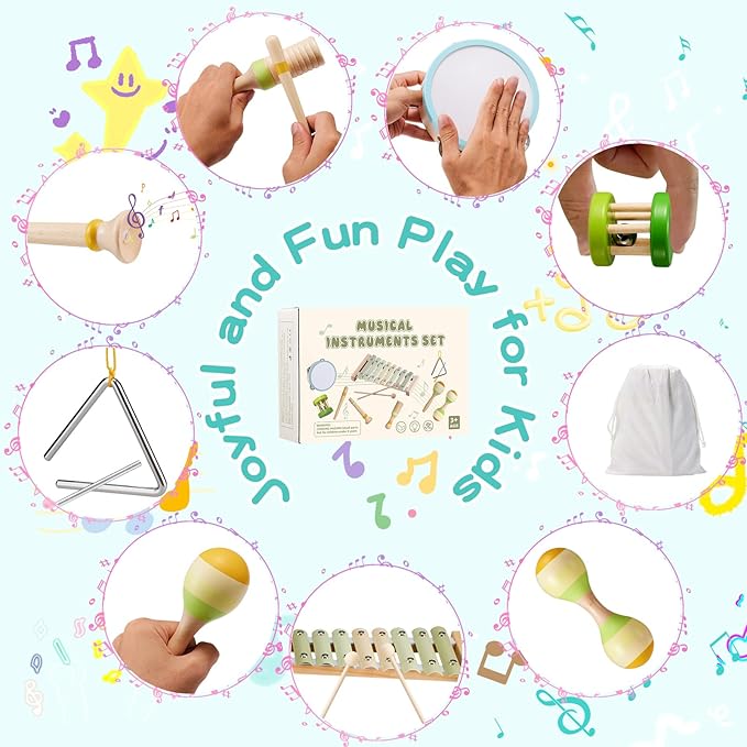 Baby Musical Instruments Set Montessori Wooden Toy for Toddlers 3 Percussion Music Xylophone for Kids Preschool Learning Resource Christmas Birthday Gifts for Boys Girls Aged 3 4 5 (Green)