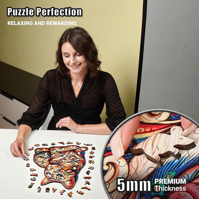 LEOGOR Wooden Jigsaw Puzzles for Adults 200 Pieces (10.7 × 13.8 in), Cat Puzzle, Extra-Thick 5mm Wood, Vibrant Mosaic Design, Relaxing Artistic Gift for Adults and Teens