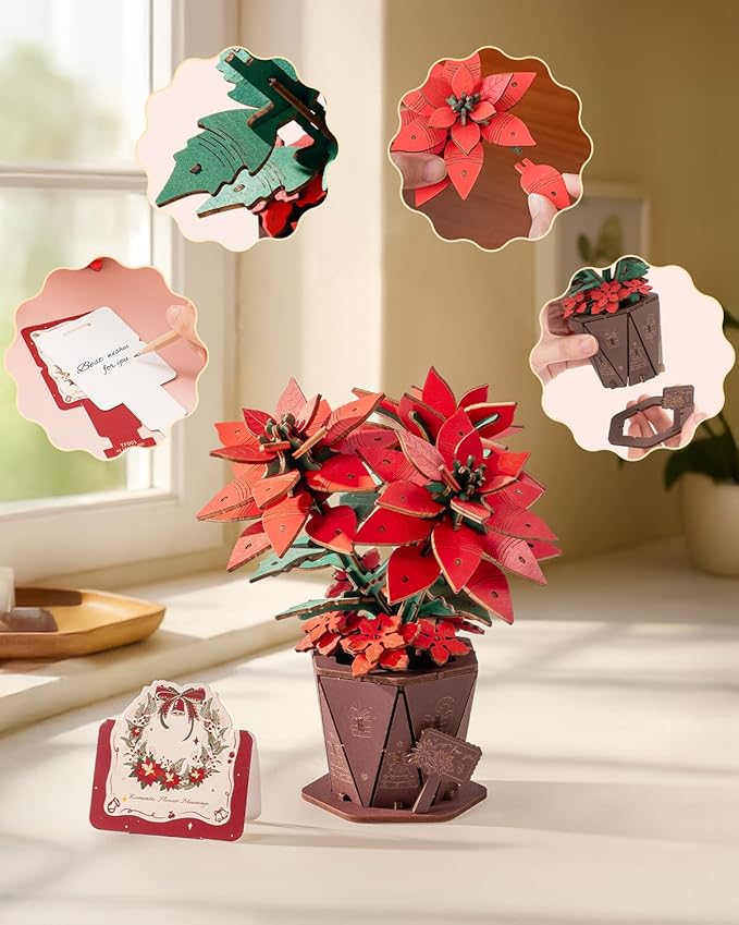 3D Flower Wooden Puzzles for Adults-Poinsettia, DIY Wooden Flowers Model Kit Building Set Crafts for Adults to Build, Botanical Collection/Ideal Creative Gift Ideas/Housewarming (153PCS)