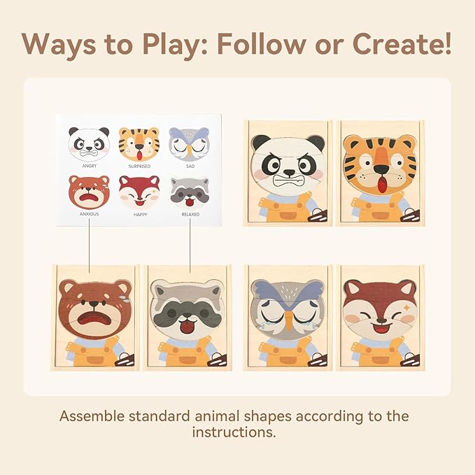 Wooden Animal Jigsaw Puzzles for Toddlers, Emotion Recognition with Expressive Animal Faces - Natural Wooden Pieces for Shape Matching, Early Learning & Fine Motor Skill Development