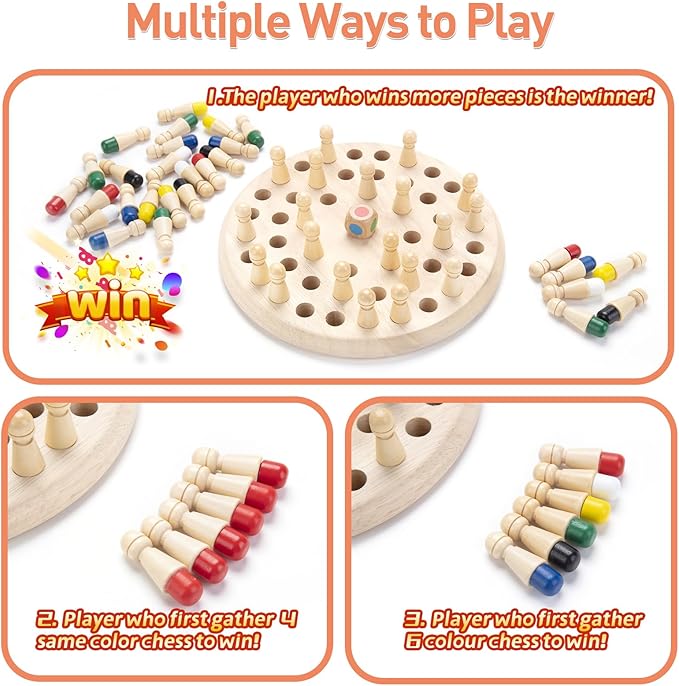 Wooden Memory Chess Matching Game: Large Family Board Games for Kids and Adults, Montessori Preschool Learning Educational Toy, Birthday Gift for Age 3 4 5 6 7 8+ Boy Girl