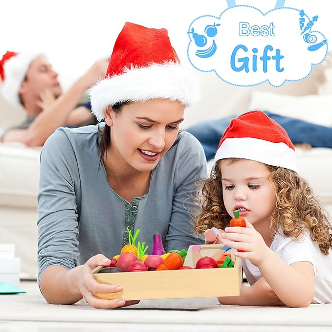 Wooden Play Food Sets for Kids Kitchen - Cutting Fruits and Veggies Toddler Toys Pretend Food Play Kitchen Accessories Montessori Educational Toys Gifts for Kids Boys Girls 3+