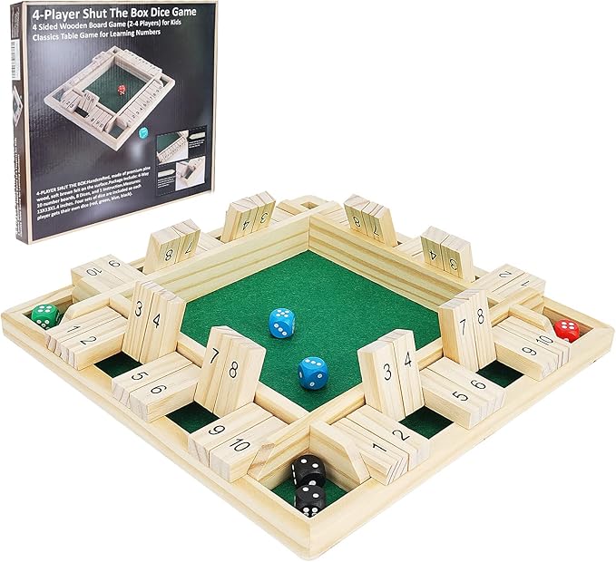 Shut The Box Dice Game,Wooden Board Table Math Game for 1-4 Players,Classic Family Game with 12 Dices for Kids Adults Pub Classroom or Home(12 Inches)