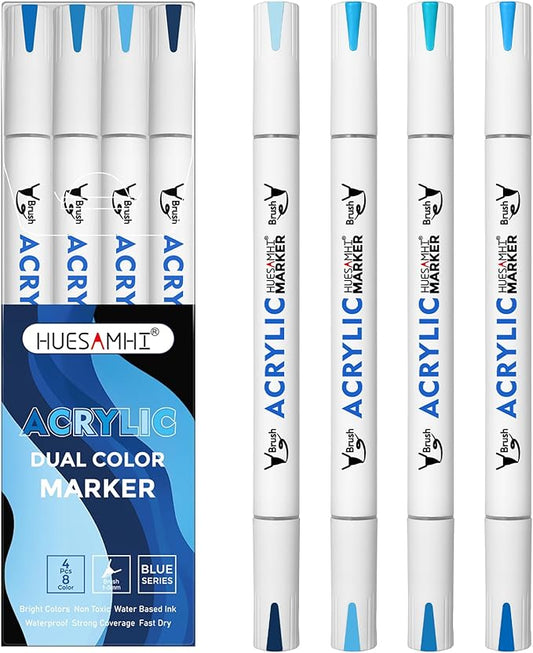 Dual Tip Brush Markers, 4 Pack Double Ended Acrylic Paint Pens - Permanent Water-Based for Rock Painting, Wood, Metal, Ceramic, Glass, Crafts & Kids Art Assorted Colors
