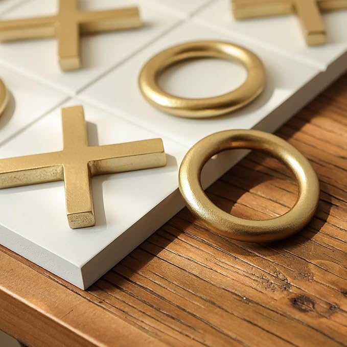 NIKKY HOME 12x12 Inch Tic Tac Toe Wood Game Board Classic Coffee Table Decor Modern Wooden Travel Game for Family, White & Gold