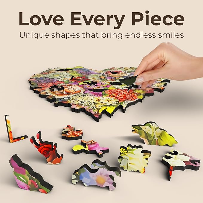 Crafthub Flowers Wooden Puzzles for Adults – A3 Blooming Heart with 128 Pieces Wood Puzzles – Jigsaw Puzzles with Unique Animal Shapes – 10.8" x 10.8"