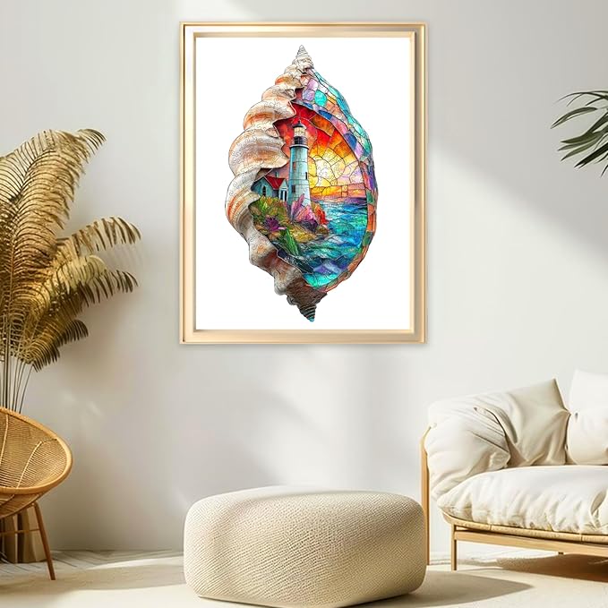 Wooden Puzzles for Adults 500 Pieces, Shell Lighthouse Jigsaw Puzzles, Unique Design Color Challenge Adult Puzzles for Family Brain Game Gift, Home Decor,12.8x23.2 inch