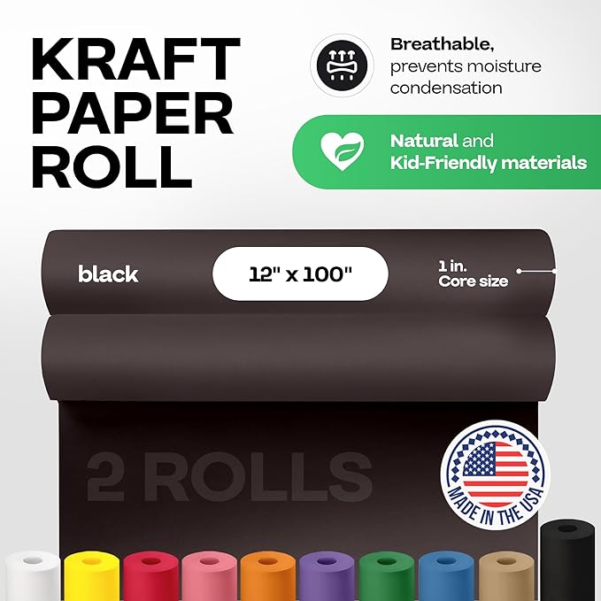 12" x 1200" (100 ft) Black Kraft Paper Roll, Pack of 2 - USA-Made Quality Craft Paper for Gift Wrapping, Kids' Arts & Crafts, School Projects - 100% Recycled, 50 lb Natural Material by IDL Packaging