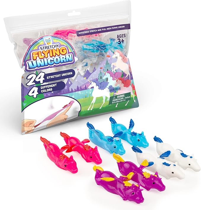 PICK A TOY Unicorn Favor Toys for Girls and Boys, 24 Pcs Rubber Finger Flicker Stretchy Slingshot for Kids, Birthday Goodie Bag, Unicorn Party Favors, Classroom Treasure Chest Treats