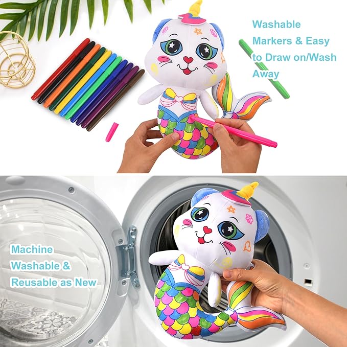 Coloring Plush Toy with 12 Washable Markers for Little Girls Doodle Dolls Arts and Crafts Soft DIY Washable Doodle Stuffed Animal Toy for Kids Ages 4-6 Birthday (Fish Cat)