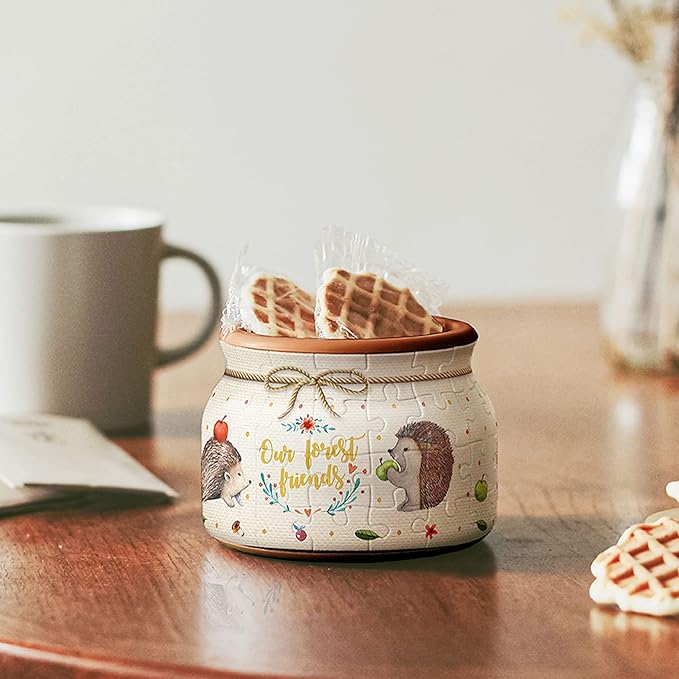 Pintoo 3D Puzzle Jar 64 Plastic Pieces for Adults - Hedgehog and Apple - Wooden Lid Container for Kitchen Dining Study Living Room No Glue Requied Small [BC1001]