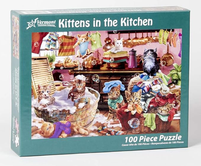 Vermont Christmas Company Kittens in The Kitchen Jigsaw Puzzle 100 Piece, Large Pieces Perfect for Kids and Seniors