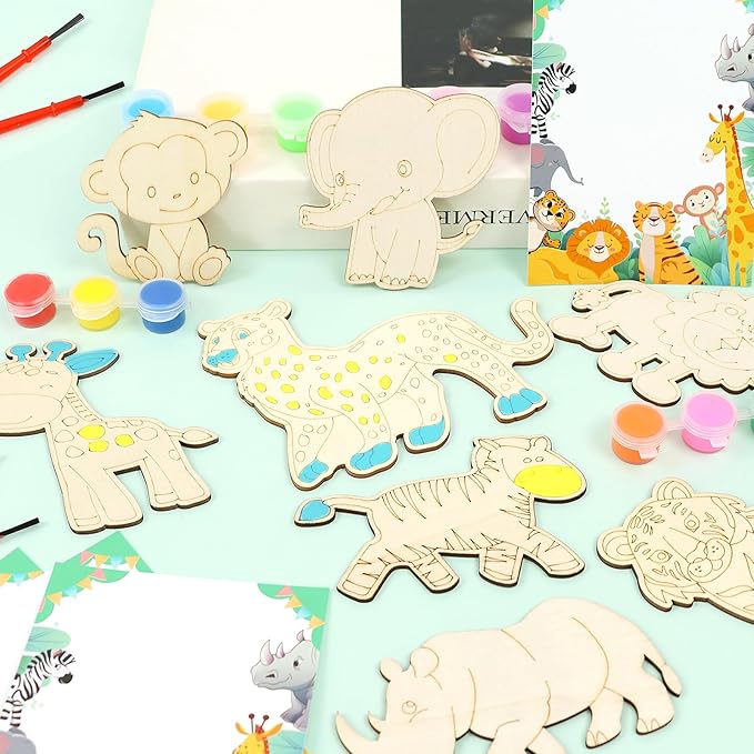 LARDUX Safari Party Favors, 24PCS DIY Wooden Painting Crafts - 8 Styles Animal Shape Unfinished Woodchips Cutouts Craft Kits with Glow in The Dark Paint DIY Party Favors Birthday Party Decorations