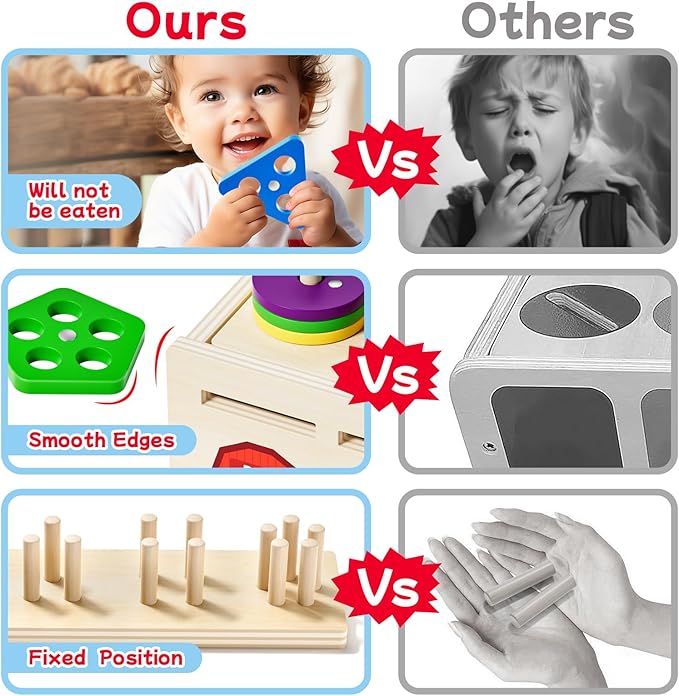 Montessori 4 in 1 Wooden Sorting Shape Sorter and Stacking Toy Box Color Matching Counting Fishing Game Preschool Educational Toys for Toddler 1 2 3 Years Baby Boys and Girls Gifts