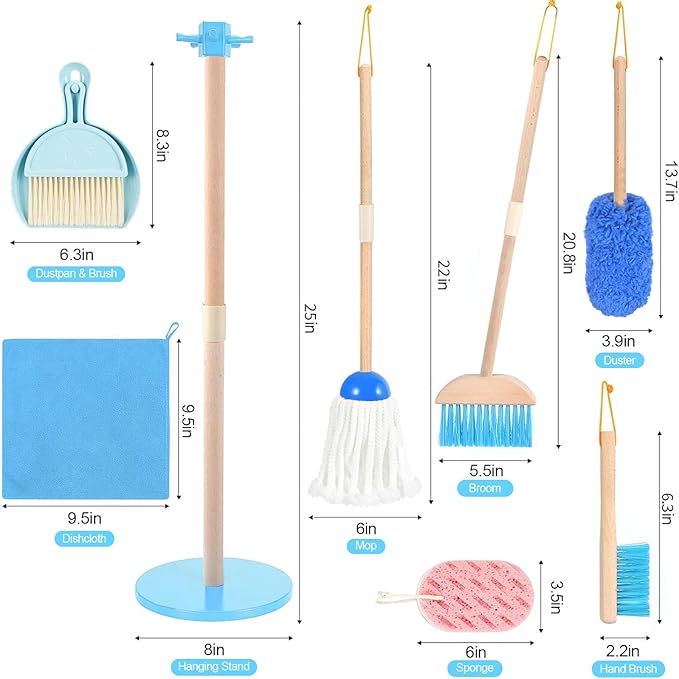 WHOHOLL Wooden Toddler Cleaning Set, Blue Toys Montessori Toys for 3+ Years Old Boy, Housekeeping Play Set Includes Broom Mop Duster Dustpan Sponge and Organizing Stand, STEM Skill Developmental Gift