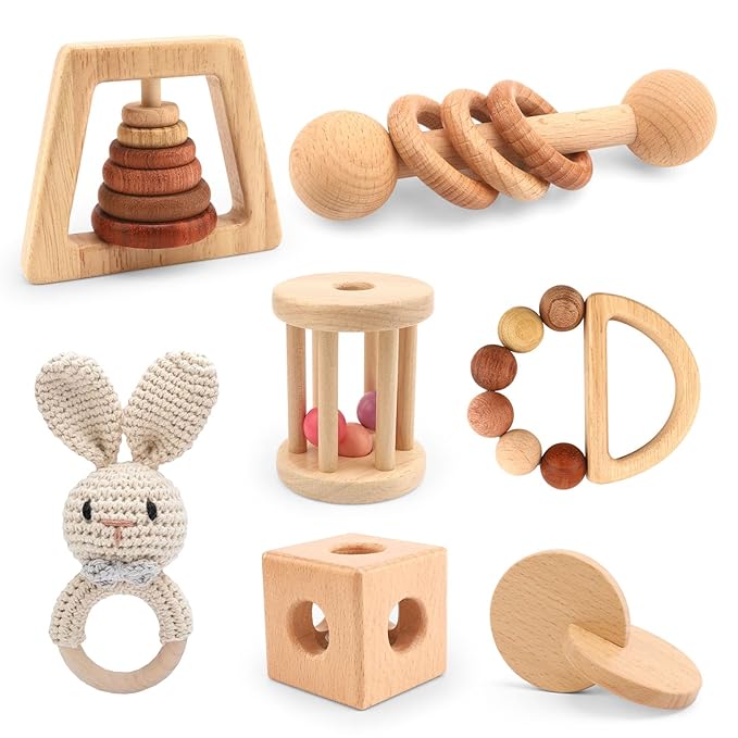 Wooden Baby Rattle, 7PCS Wooden Baby Toys for Babies 18-36 Months, Wood Montessori Toys with Crochet Rabbit Rattle for Infant Grasping, Gift for Baby Girls Boys