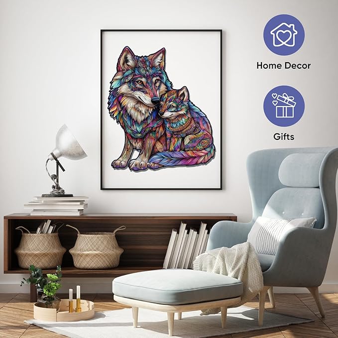 delobil Wooden Puzzles for Adults, Wolf Family Jigsaw Puzzles 500 Pieces, 17.3x14.9in, Unique Shaped Cool Animal Wood Adult Puzzle, Best Gifts for Adults and Kids Family Game