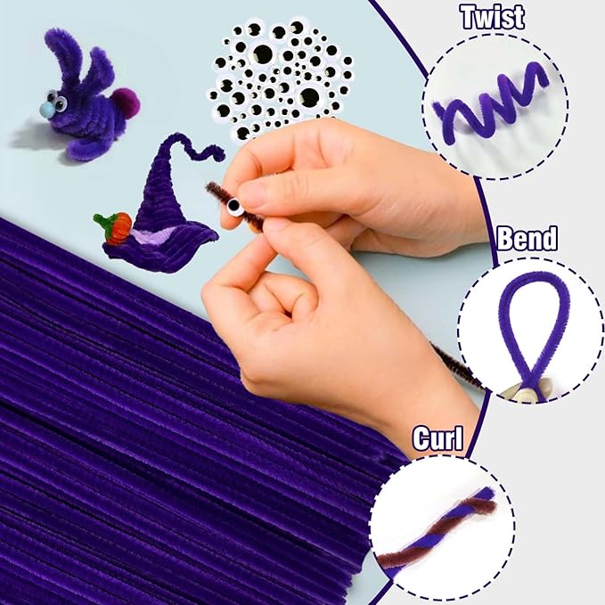 URSDIART (350pcs/Set) Purple Pipe Cleaners and Wiggle Eyes, Solid Color Halloween Chenille Stems Pipe Cleaners Bulk 12 Inch Pipe Cleaners for Crafts DIY Creative,Christmas Decoration Art Supplies