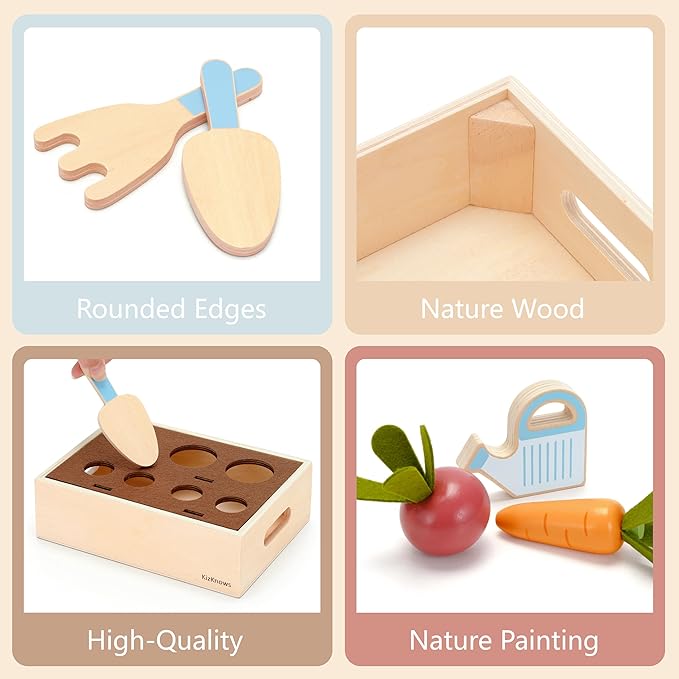 Wooden Montessori Gardening Playset for Kids – 16 Piece Plant & Harvest Toy Kit, Kids Pretend Play Food with Carrots, Beets, Mushrooms, Kitchen Accessories Toy Gift for Boys Girls 3+
